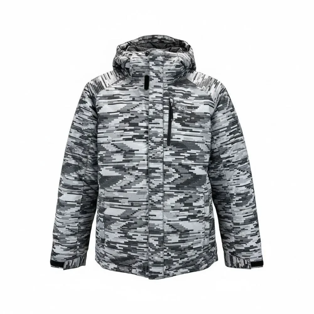 Columbia Youth L Insulated Jacket Gray Black Digital Camo Hooded Puffer Coat